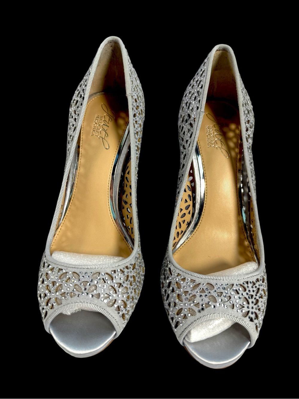 Badgley Mischka Silver Open-Toe Heels with Crystal Lattice